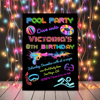 Neon Pool Party Geburtstagsparty Einladung