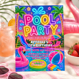 Neon-Poolparty-Geburtstag | Glow Sommer  Einladung