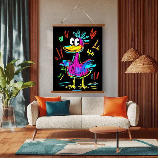 Neon Pop Art Duck: Lebhaft und spielerisch Wandteppich Mit Holzrahmen