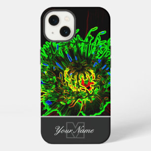 Neon-Pop-Art grüne Blütenmakro mit Monogramm! iPhone 13 Hülle