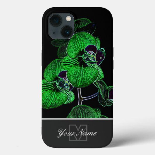 Neon-Pop-Art grüne Orchideenblüte mit Monogram! Case-Mate iPhone Hülle (Rückseite)