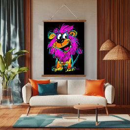 Neon Pop Art Lion: Spielerisch und farbenfroh Wandteppich Mit Holzrahmen