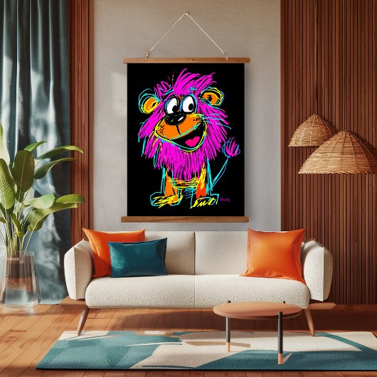 Neon Pop Art Lion: Spielerisch und farbenfroh Wandteppich Mit Holzrahmen