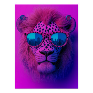 Neon Pop Art Löwe mit blauer Sonnenbrille Poster