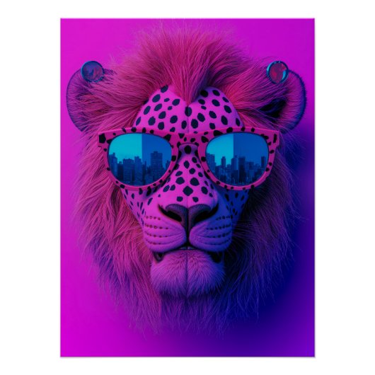 Neon Pop Art Löwe mit blauer Sonnenbrille Poster (Vorderseite)