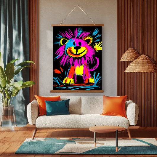 Neon Pop Art Modern Lion: Lebhaft und spielerisch Wandteppich Mit Holzrahmen