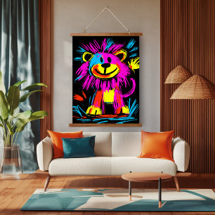 Neon Pop Art Moderner Löwe: Lebendig und Spielend  Wandteppich Mit Holzrahmen
