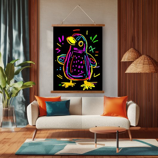 Neon Pop Art Penguin: Spaß und lebendiges Kunstwer Wandteppich Mit Holzrahmen