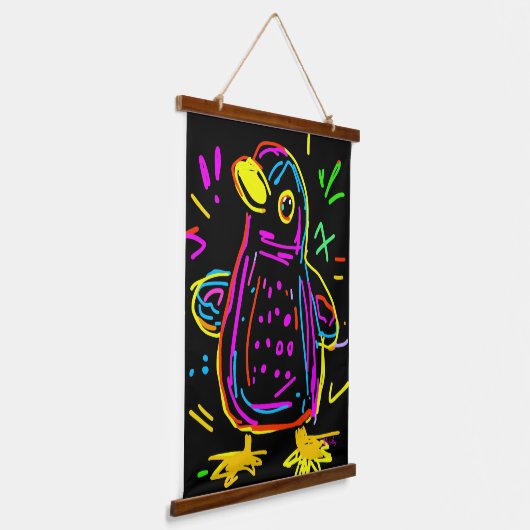Neon Pop Art Penguin: Spaß und lebendiges Kunstwer Wandteppich Mit Holzrahmen (Gewinkelt)