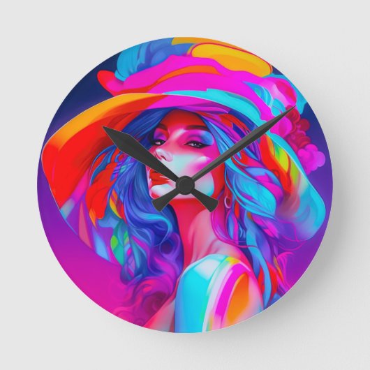 Neon Pop Art Portrait Runde Wanduhr (Vorderseite)