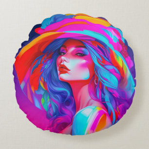 Neon Pop Art Portrait Rundes Kissen