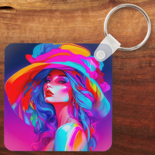 Neon Pop Art Portrait Schlüsselanhänger (Rückseite)