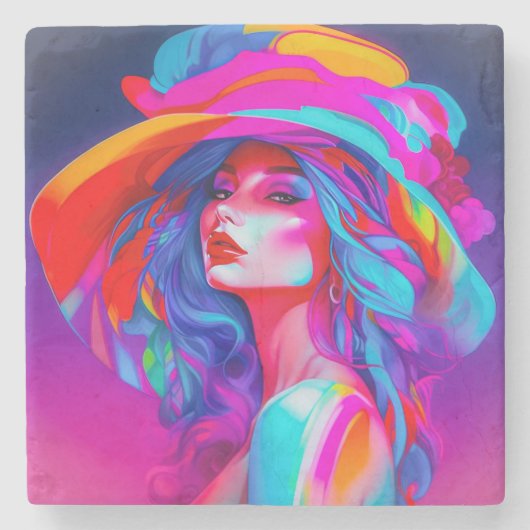 Neon Pop Art Portrait Steinuntersetzer (Vorderseite)