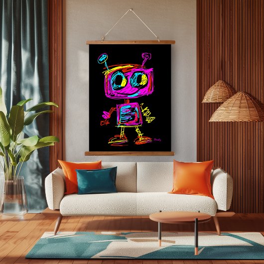 Neon Pop Art Robot: Spielerisch und futuristisch Wandteppich Mit Holzrahmen