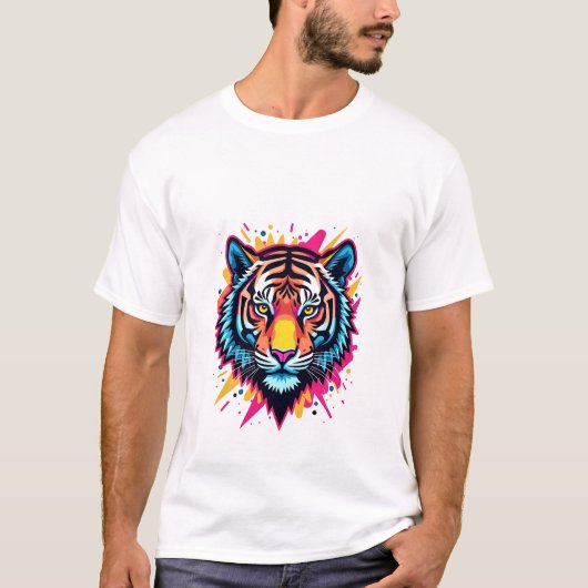 Neon Pop-Art Tiger Design T-Shirt (Vorderseite)