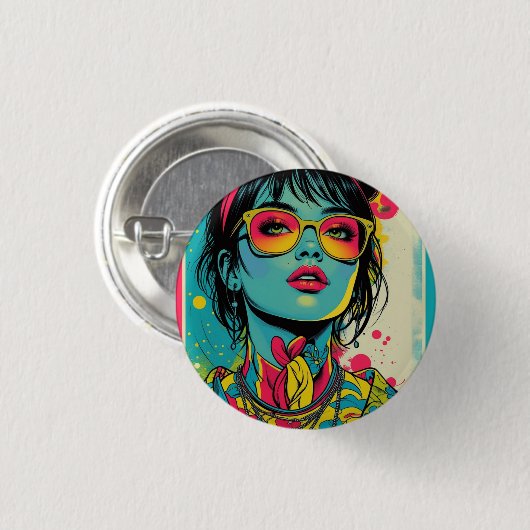 Neon Pop Diva Portrait - Bold & Vibranno Retro Art Button (Vorne & Hinten)