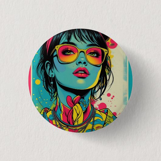 Neon Pop Diva Portrait - Bold & Vibranno Retro Art Button (Vorderseite)