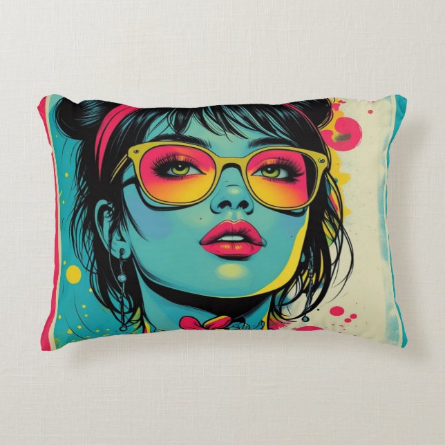 Neon Pop Diva Portrait - Bold & Vibranno Retro Art Dekokissen (Vorderseite)
