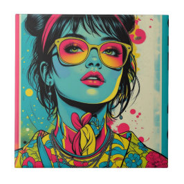 Neon Pop Diva Portrait - Bold & Vibranno Retro Art Fliese