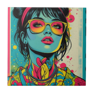 Neon Pop Diva Portrait - Bold & Vibranno Retro Art Fliese