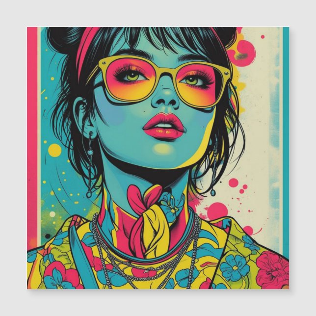 Neon Pop Diva Portrait - Bold & Vibranno Retro Art Magnetkarte (Vorderseite)