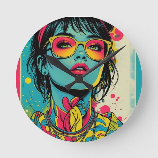 Neon Pop Diva Portrait - Bold & Vibranno Retro Art Runde Wanduhr (Vorderseite)