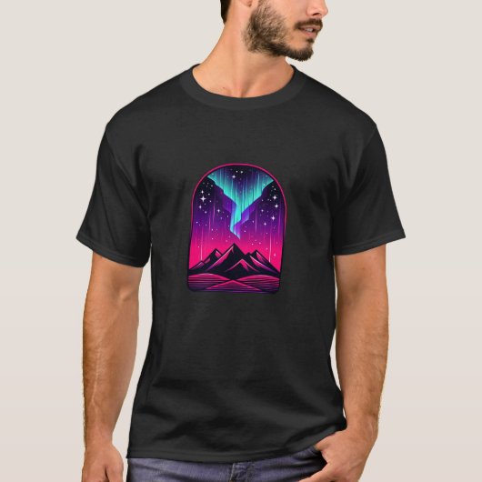 Neon Portal Mountains - Aurora & Starry Sky Design T-Shirt (Vorderseite)