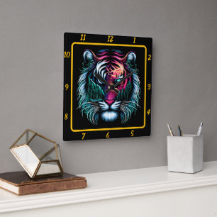Neon Predator Tiger Artwork Quadratische Wanduhr