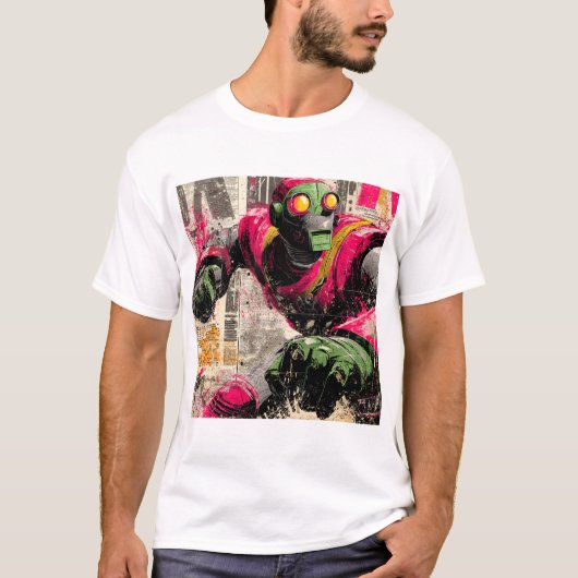 Neon Punchbot — Graffiti Newspaper Collage Action T-Shirt (Vorderseite)