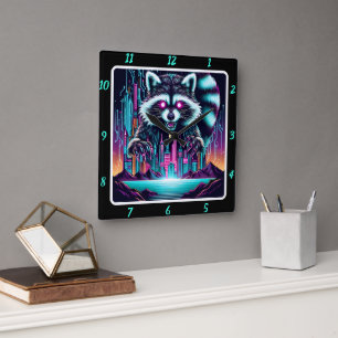 Neon Raccoon Skyline Puls Quadratische Wanduhr