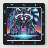 Neon Raccoon Skyline Puls Quadratische Wanduhr (Vorderseite)