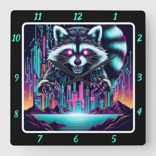 Neon Raccoon Skyline Puls Quadratische Wanduhr (Vorderseite)