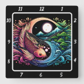 Neon Radiant Koi Gold Fish Harmonie Quadratische Wanduhr (Vorderseite)