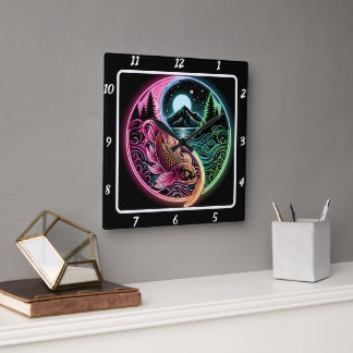 Neon Radiant Koi Gold Fish Quadratische Wanduhr