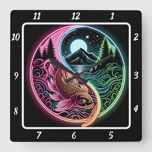 Neon Radiant Koi Gold Fish Quadratische Wanduhr (Vorderseite)