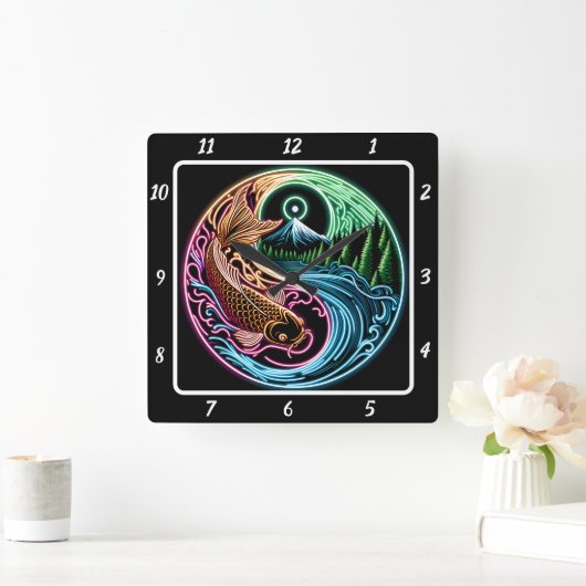 Neon Radiant Koi Gold Fish Reflection Quadratische Wanduhr (Zuhause)