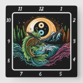 Neon Radiant Koi Gold Fish Ruhe Quadratische Wanduhr (Vorderseite)