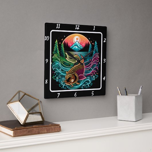 Neon Radiant Koi Gold Fish Serenity Quadratische Wanduhr (Büro)