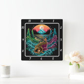 Neon Radiant Koi Gold Fish Serenity Quadratische Wanduhr (Zuhause)