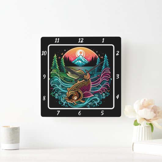 Neon Radiant Koi Gold Fish Serenity Quadratische Wanduhr (Zuhause)