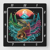 Neon Radiant Koi Gold Fish Serenity Quadratische Wanduhr (Vorderseite)
