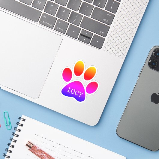 Neon Rainbow Dog Paw Print With Name Aufkleber (Laptop mit iPhone)