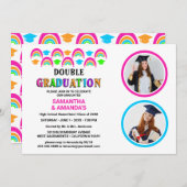 Neon Rainbow Foto Double Graduation Party Einladung (Vorne/Hinten)