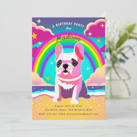 Neon Rainbow Frenchie Retro Birthday Einladung (Stehend Vorderseite)