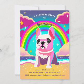 Neon Rainbow Frenchie Retro Birthday Einladung