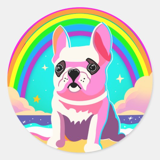 Neon Rainbow Frenchie Retro Birthday Runder Aufkleber (Vorderseite)