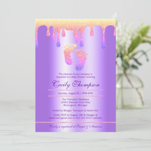Neon Rainbow Glitzer Tropfen Luxury Baby Feet Dusc Einladung (Stehend Vorderseite)