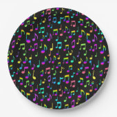 Neon Rainbow Musical Notes on Black Pappteller (Vorderseite)