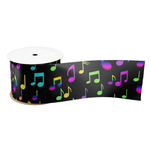 Neon Rainbow Musical Notes on Black Satinband (Spule)