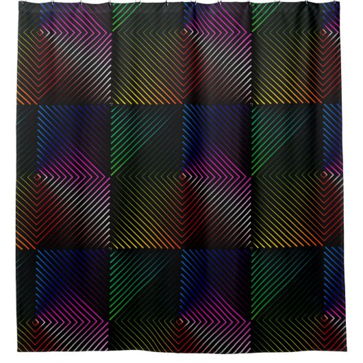 Neon Rainbow Prism Squares auf schwarz Duschvorhang (Vorderseite)